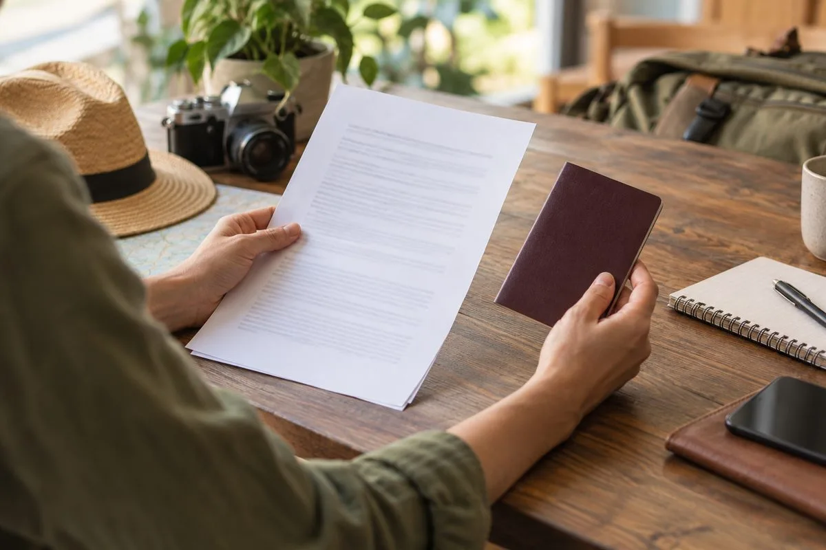 mains posées sur un contrat d'assurance et un passeport sur une table
