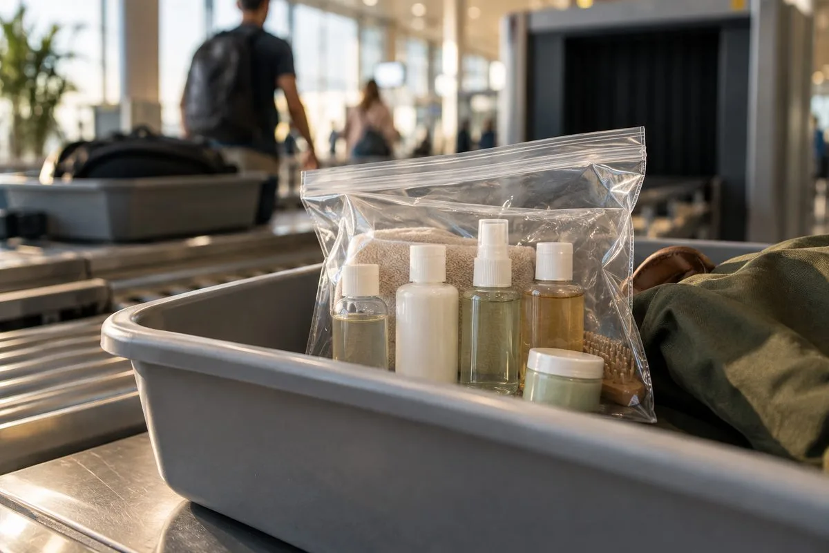petits flacons de voyage dans un sac plastique transparent, plateau de contrôle