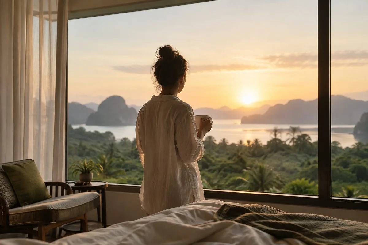 Voyageur au petit matin devant une fenêtre lumineuse, tasse à la main