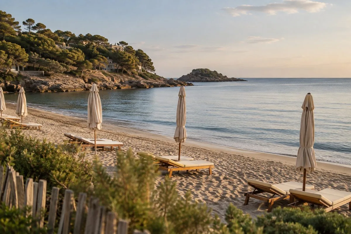 plage européenne quasi vide en arrière saison avec des parasols repliés