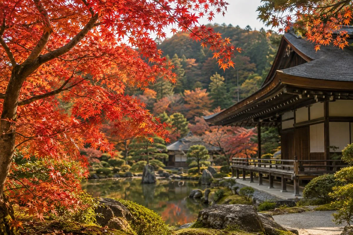 érables aux feuilles rouges devant un temple japonais en automne