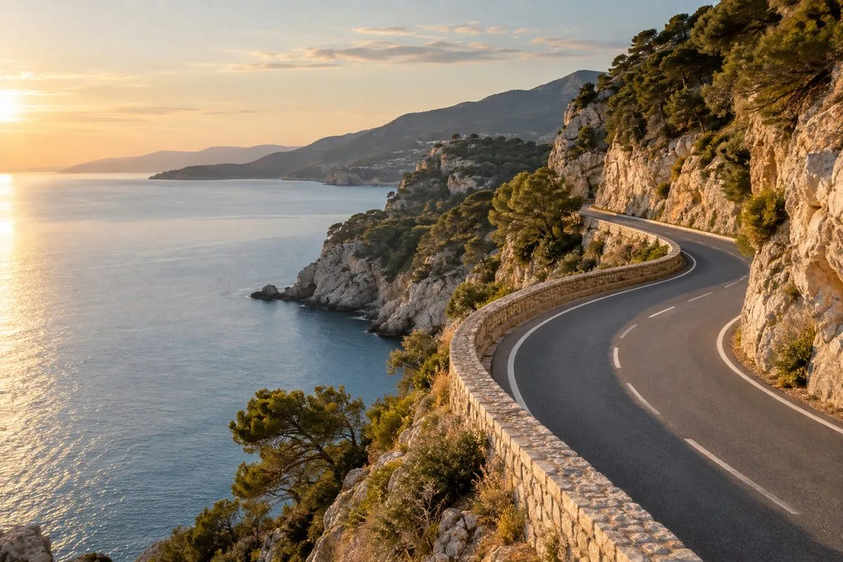 Route en corniche au-dessus de la mer, virage serré le long de la falaise