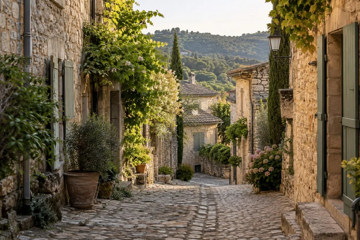 ruelle pavée d'un village français sans voiture, façades de pierre