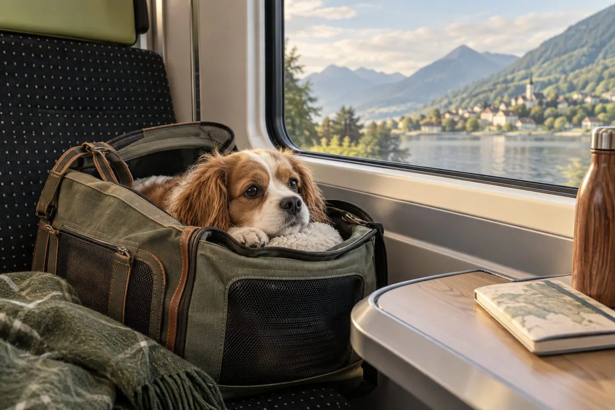 petit chien dans un sac de transport posé sur une banquette de train, près d'une fenêtre